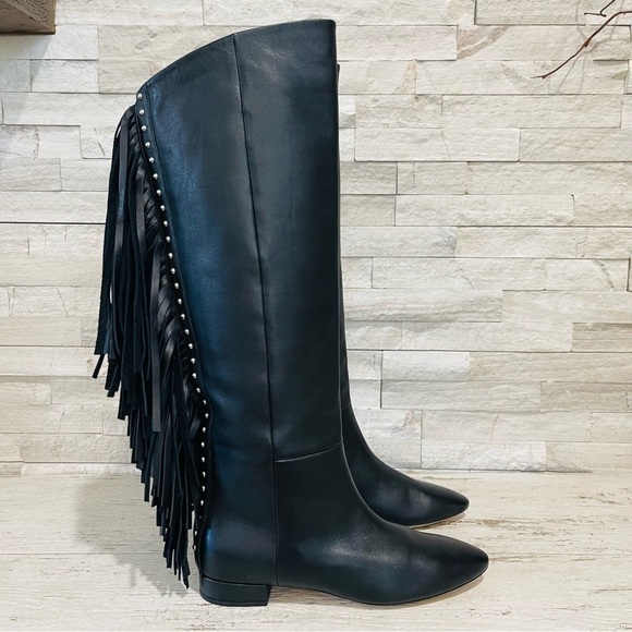 Saint Laurent Dana Black Leather Fringe Studded Knee High Boots Size 35 $1890 - Picture 4 of 15